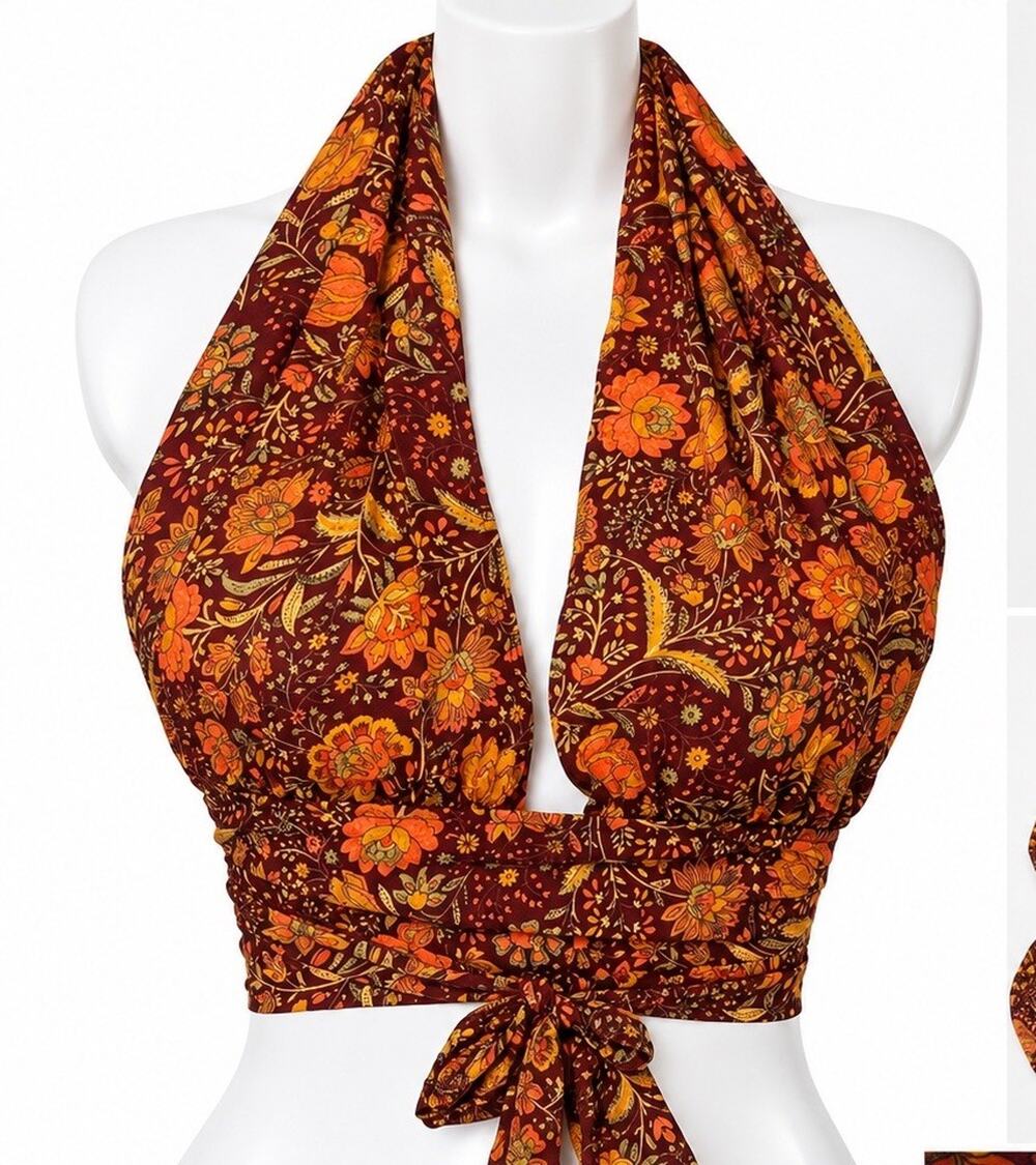 Gardenbelle Shop Size L Silk Halter Crop Top Floral Boho Wrap Tie Back Festival